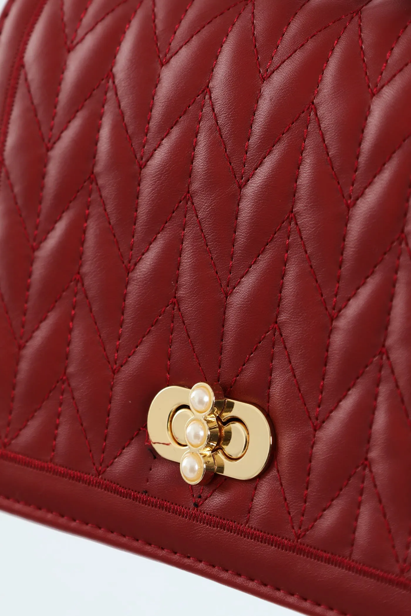 Pearl Trim Clasp Satchel - Maroon