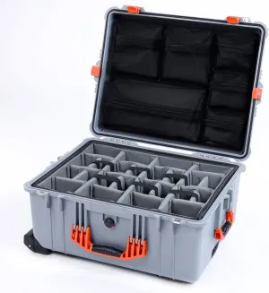 Pelican 1610 Case by ColorCase - Silver - Large Sized Waterproof Case with Gray Padded Dividers & Mesh Lid Organizer - Orange Handles & Latches