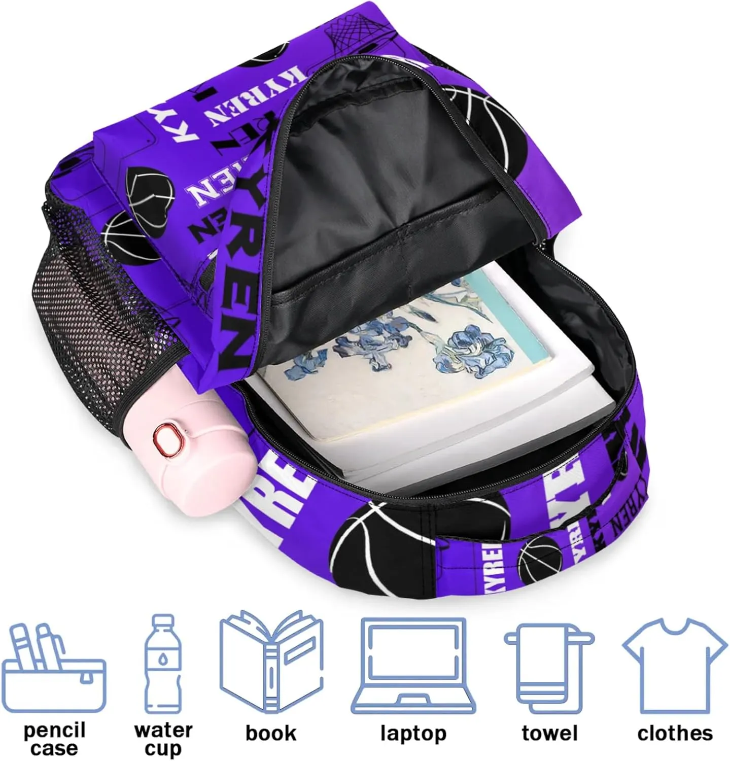 Personalized Basketball Backpack for Men Women, Custom Laptop Backpack with Name, Sports Bag Lightweight Daypack for Travel Camping, Dark Purple