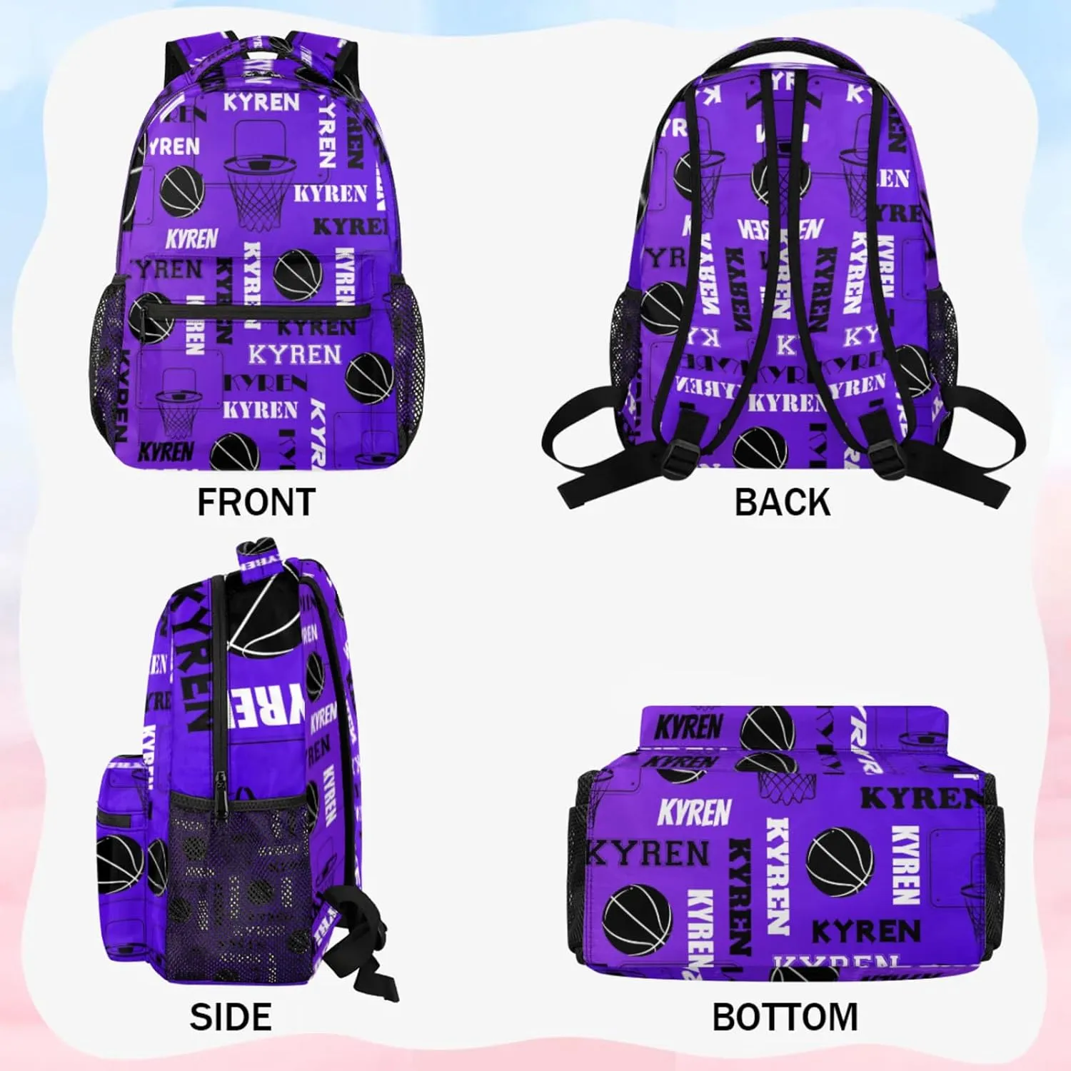 Personalized Basketball Backpack for Men Women, Custom Laptop Backpack with Name, Sports Bag Lightweight Daypack for Travel Camping, Dark Purple