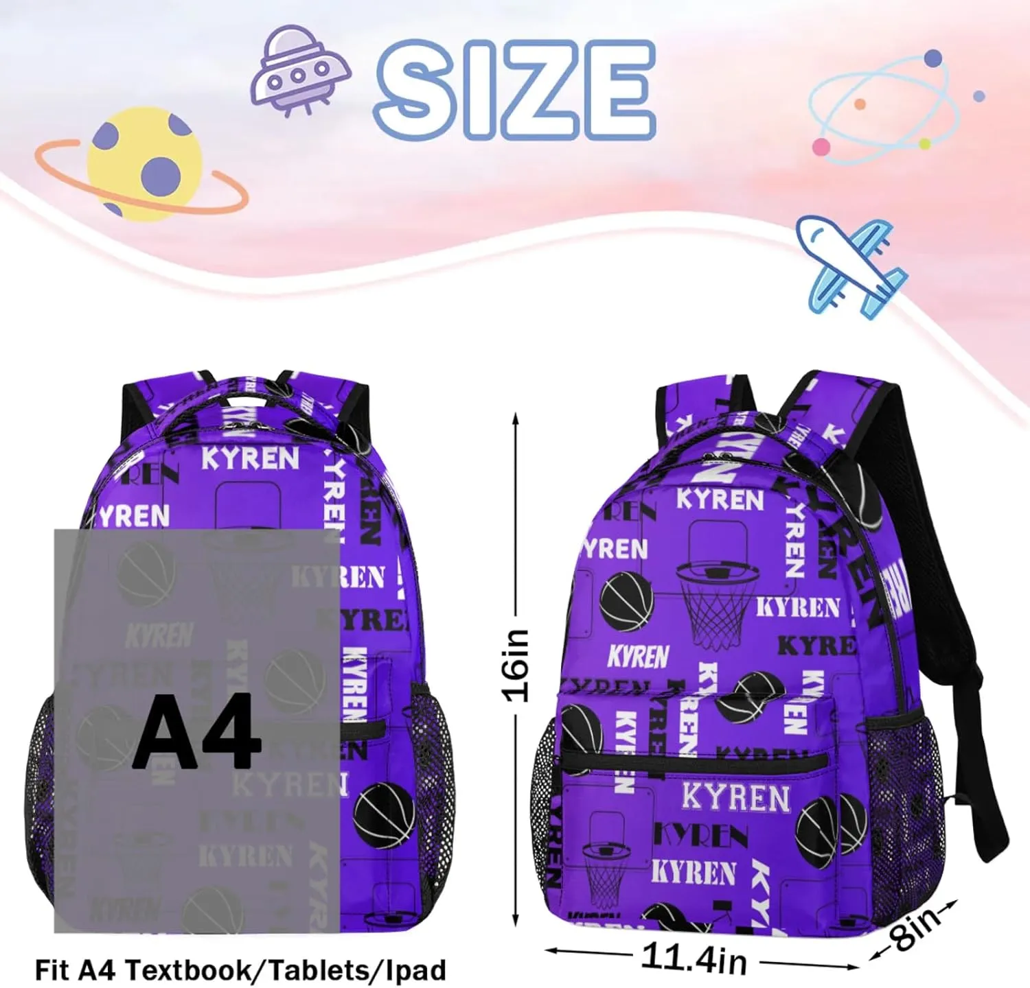 Personalized Basketball Backpack for Men Women, Custom Laptop Backpack with Name, Sports Bag Lightweight Daypack for Travel Camping, Dark Purple