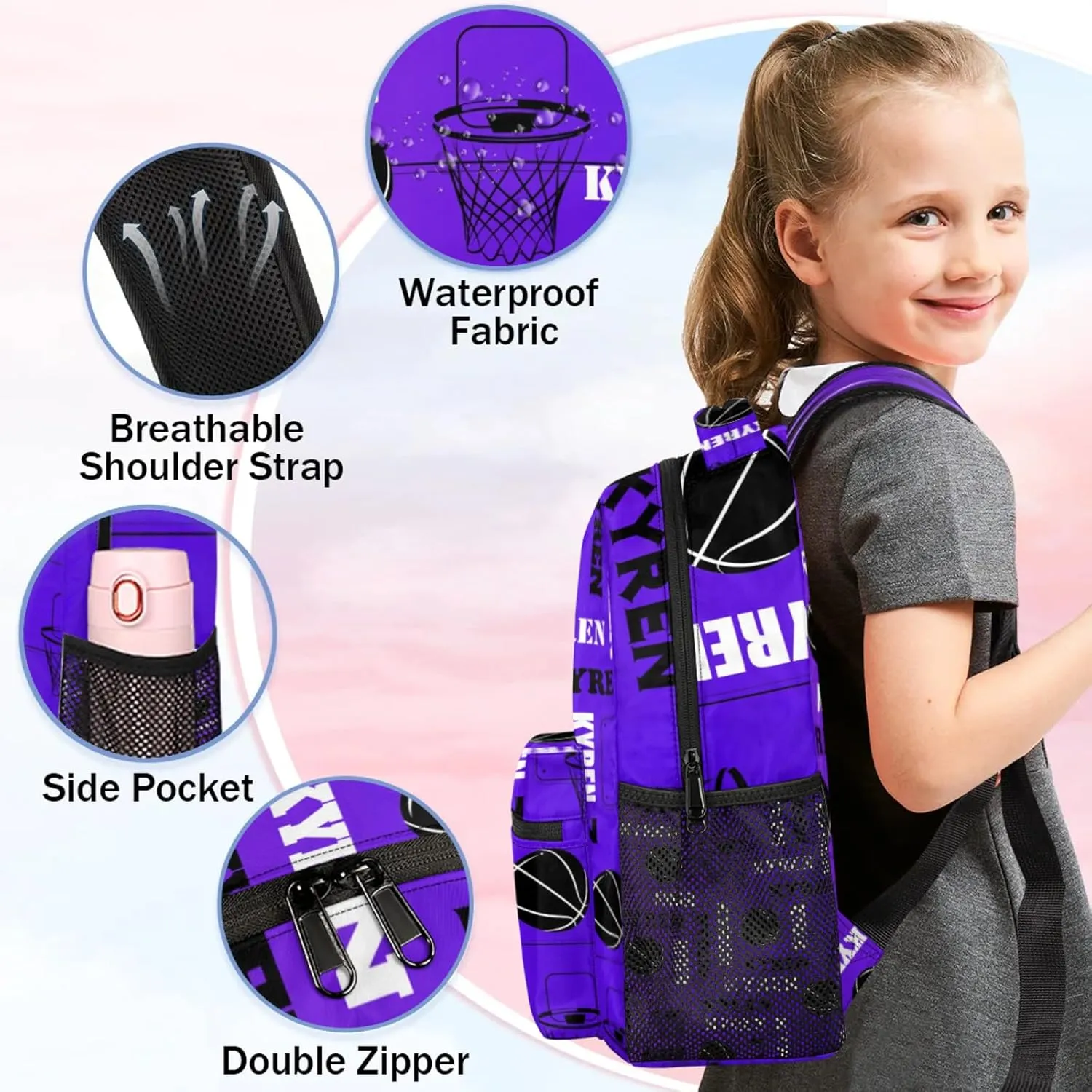 Personalized Basketball Backpack for Men Women, Custom Laptop Backpack with Name, Sports Bag Lightweight Daypack for Travel Camping, Dark Purple