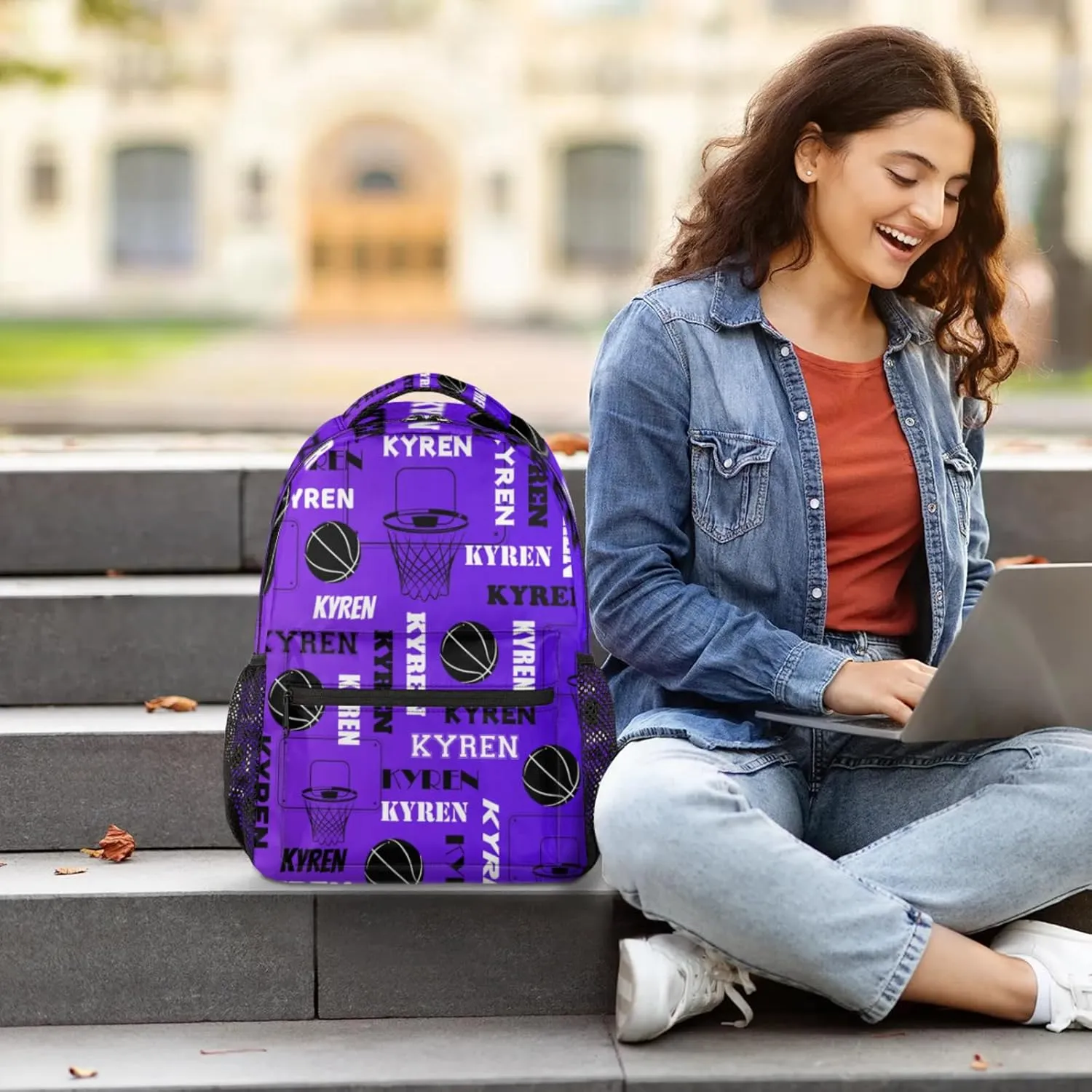 Personalized Basketball Backpack for Men Women, Custom Laptop Backpack with Name, Sports Bag Lightweight Daypack for Travel Camping, Dark Purple