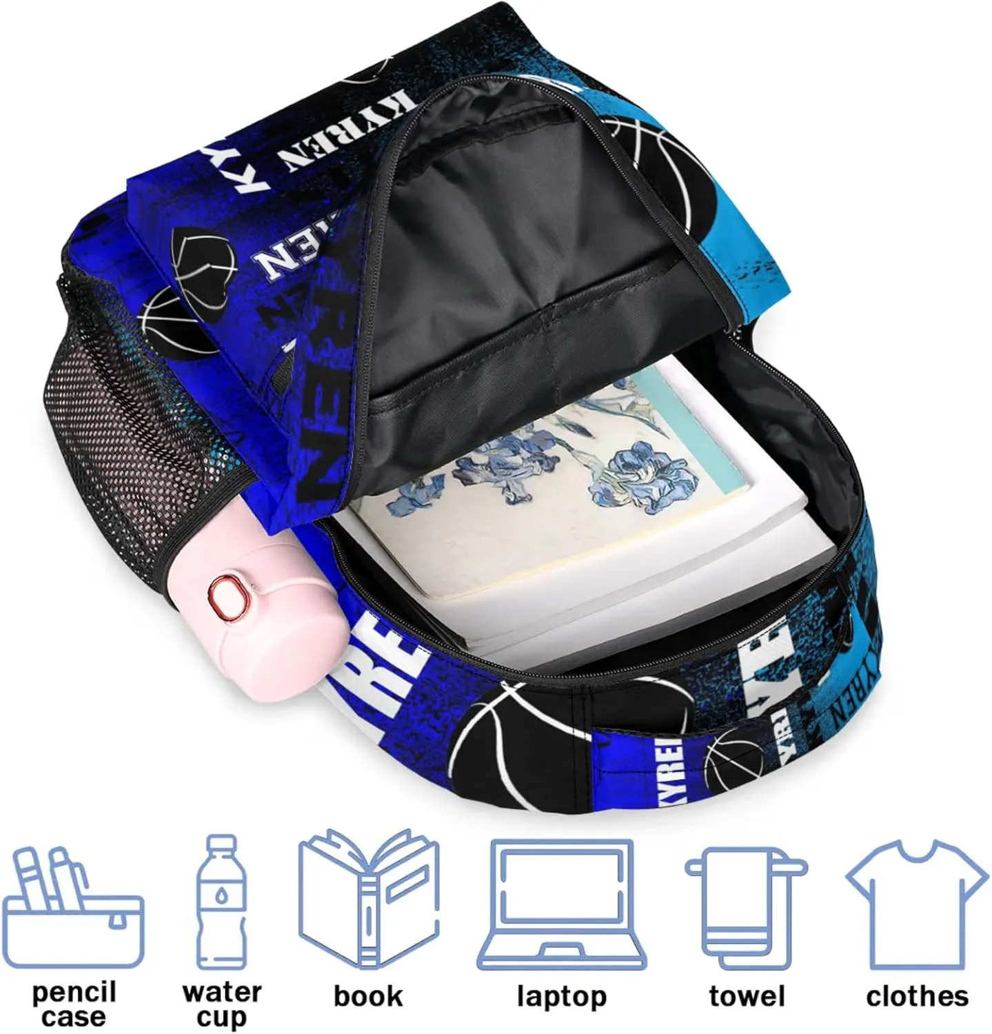 Personalized Basketball Backpack for Men Women, Custom Name Laptop Backpack, Customized Sports Bag Daypack for Travel Camping, Blue