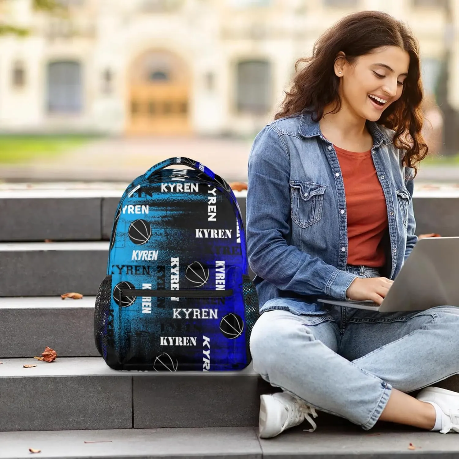 Personalized Basketball Backpack for Men Women, Custom Name Laptop Backpack, Customized Sports Bag Daypack for Travel Camping, Blue