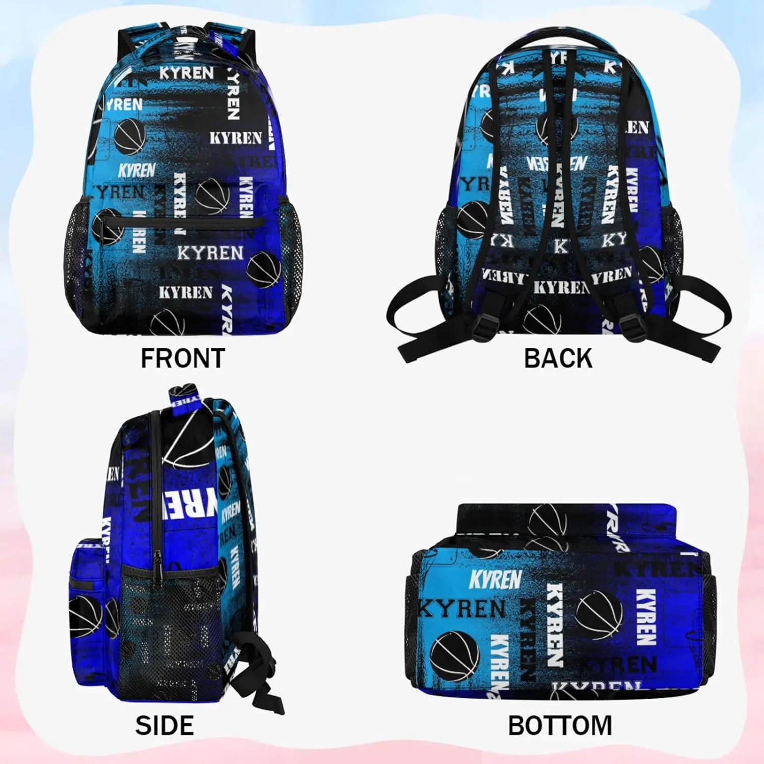 Personalized Basketball Backpack for Men Women, Custom Name Laptop Backpack, Customized Sports Bag Daypack for Travel Camping, Blue