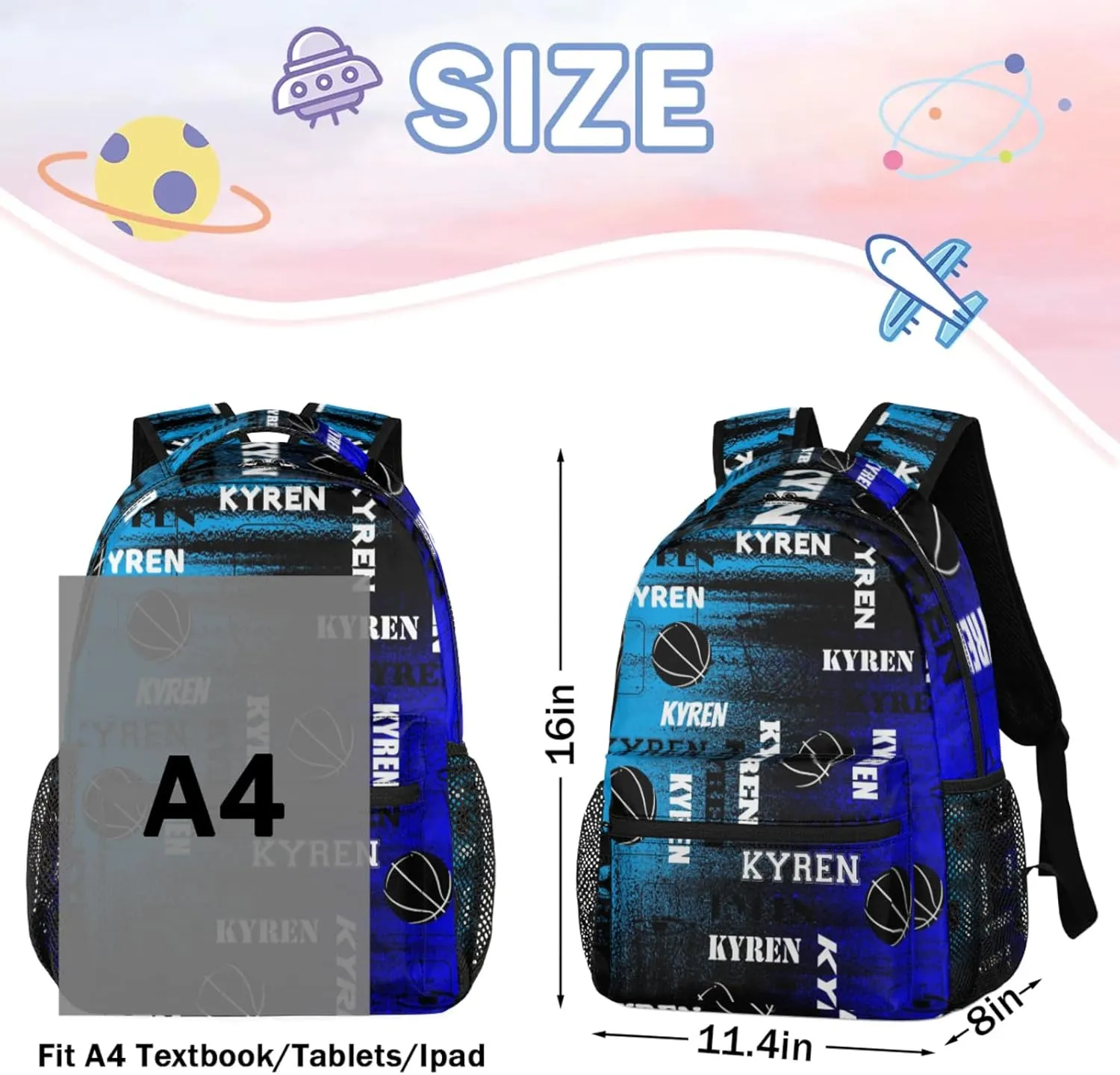 Personalized Basketball Backpack for Men Women, Custom Name Laptop Backpack, Customized Sports Bag Daypack for Travel Camping, Blue