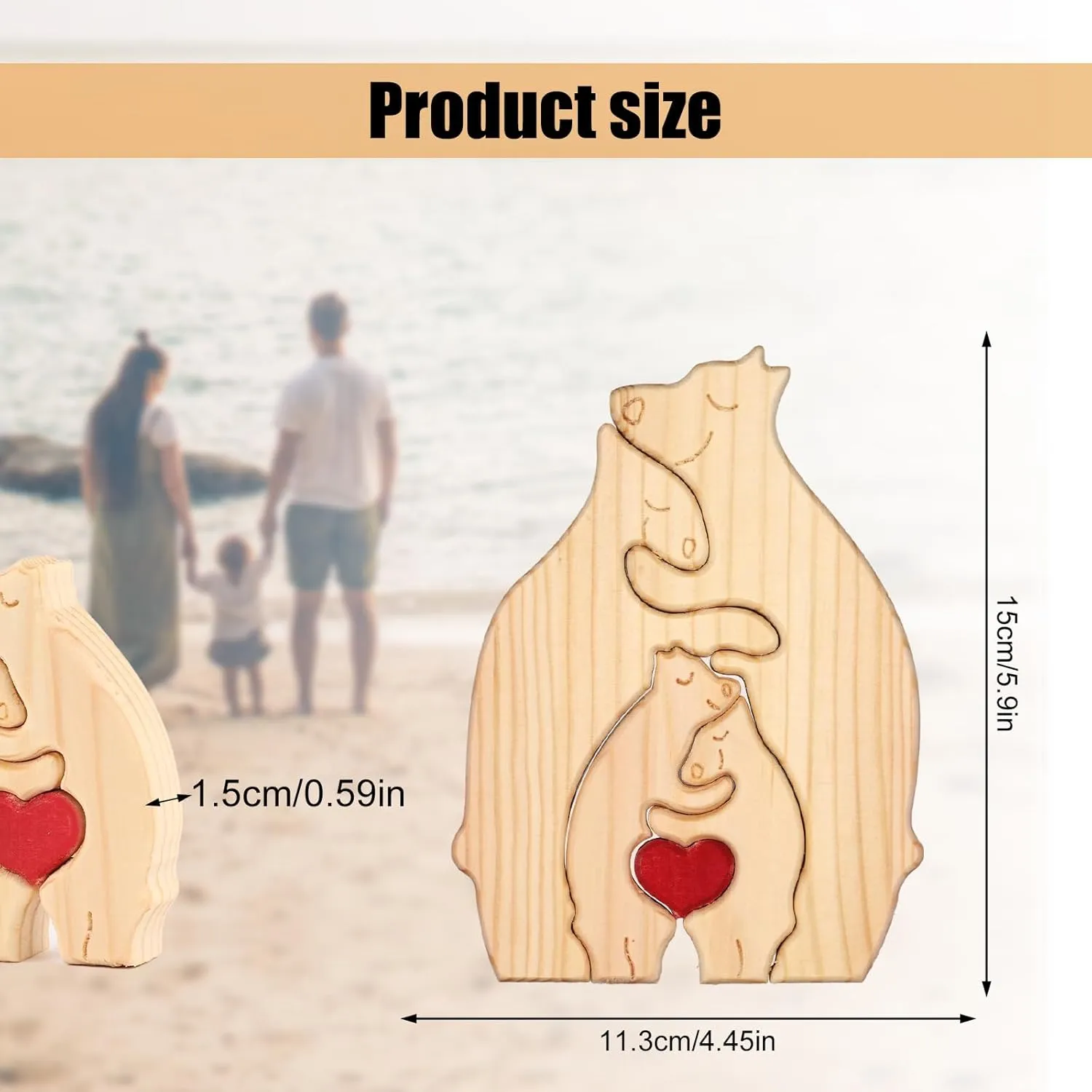 Personalized Bear Family Wooden Art Puzzle, Wooden Bear Puzzle with Heart Loving Family Bear Sculpture Decorative House Warming Wood Birthday Gifts for Dad Mom Home Decoration(4 Bears)
