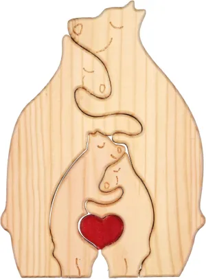 Personalized Bear Family Wooden Art Puzzle, Wooden Bear Puzzle with Heart Loving Family Bear Sculpture Decorative House Warming Wood Birthday Gifts for Dad Mom Home Decoration(4 Bears)