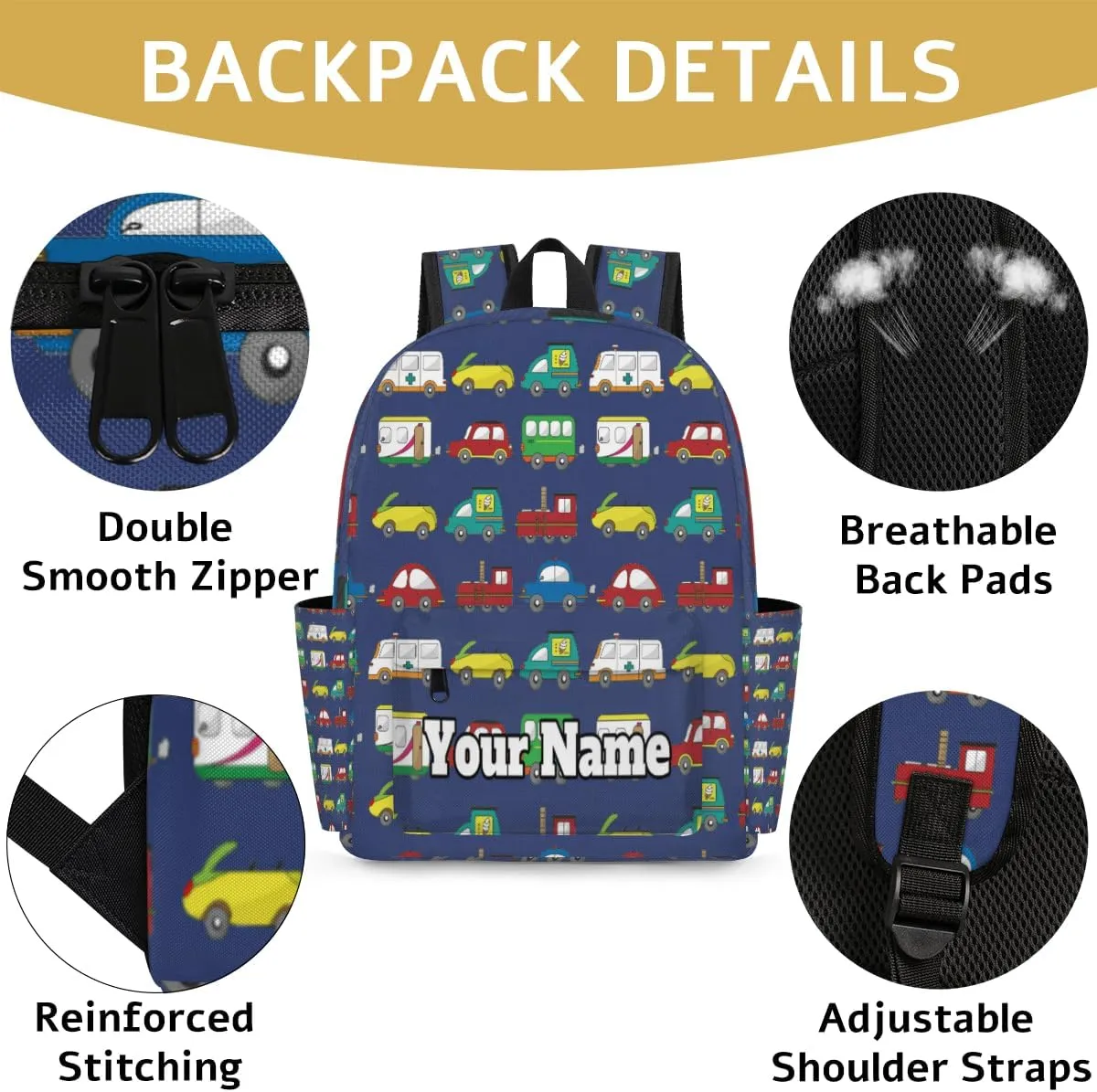 Personalized Cars Print Preschool Toddler Backpack for Boys Girls Custom Kids Name Small Bookbags Kindergarten Elementary Backpack, Cartoon Truck