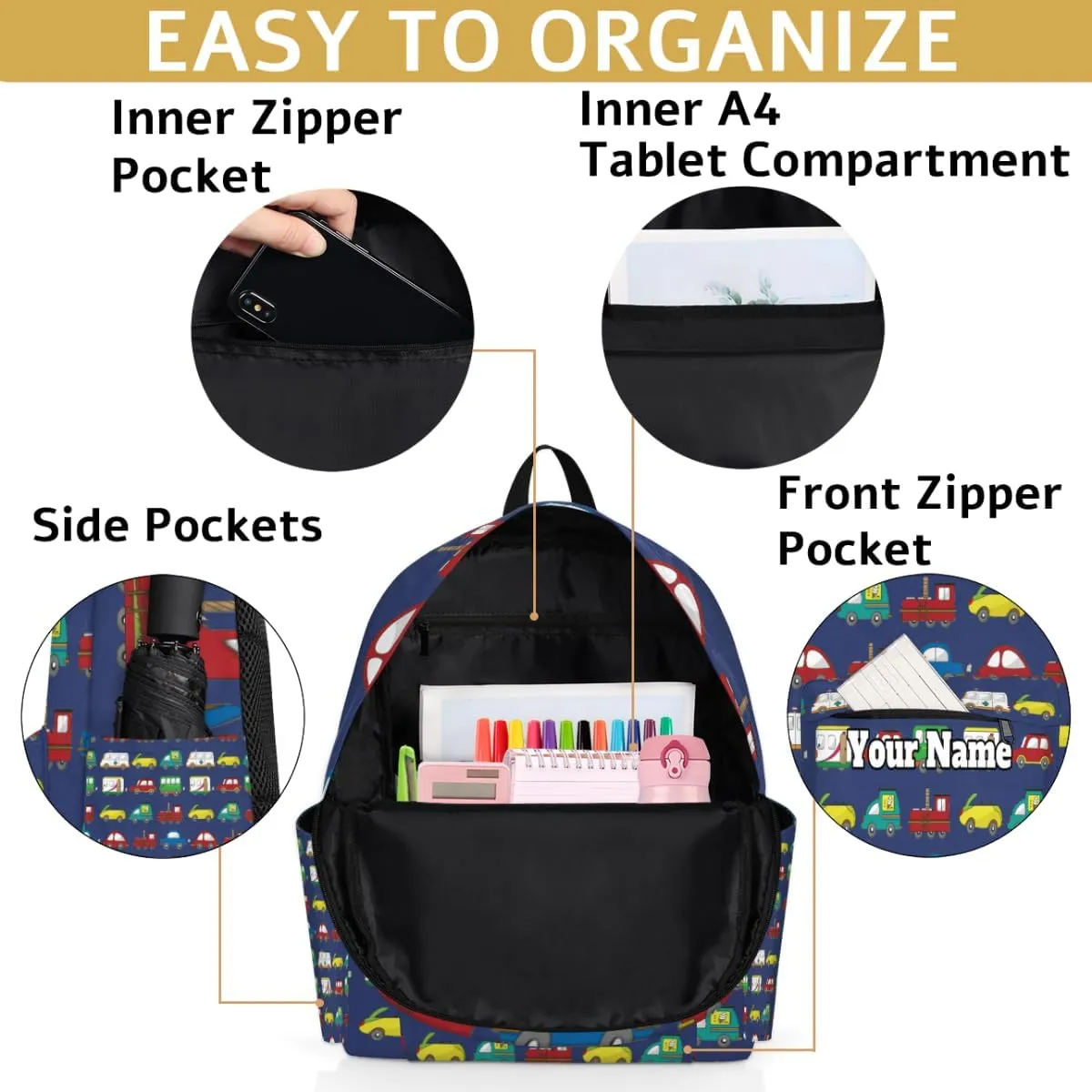 Personalized Cars Print Preschool Toddler Backpack for Boys Girls Custom Kids Name Small Bookbags Kindergarten Elementary Backpack, Cartoon Truck