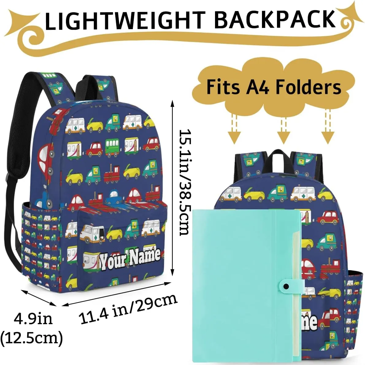 Personalized Cars Print Preschool Toddler Backpack for Boys Girls Custom Kids Name Small Bookbags Kindergarten Elementary Backpack, Cartoon Truck