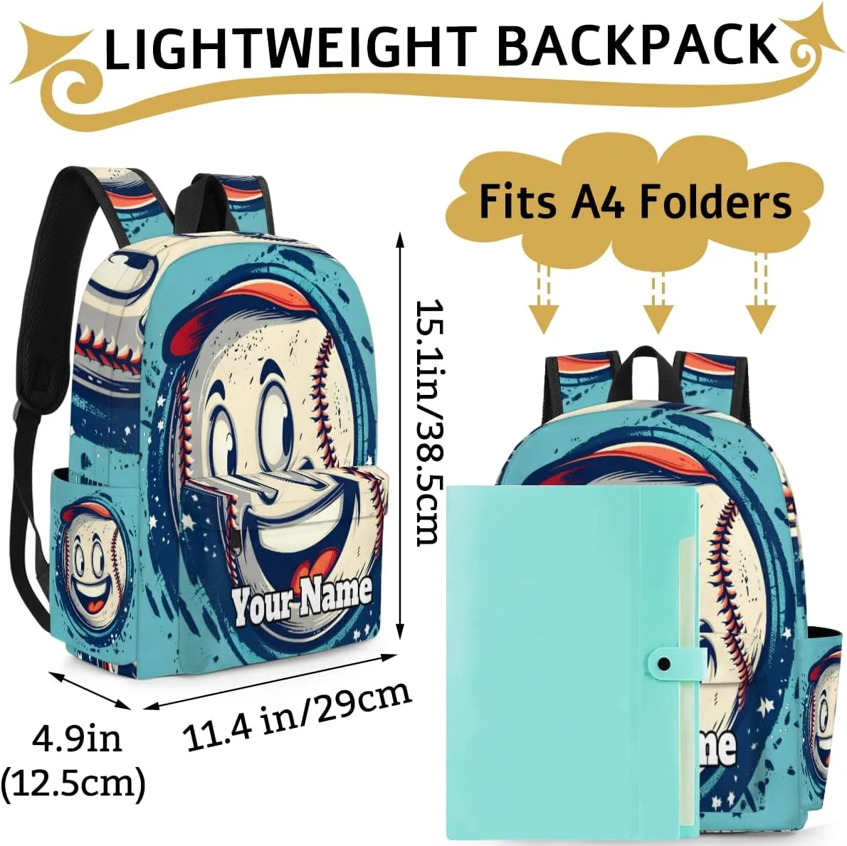Personalized Cartoon Baseball Preschool Toddler Backpack for Boys Girls Custom Kids Name Small Bookbags Kindergarten Elementary Backpack, Baseball
