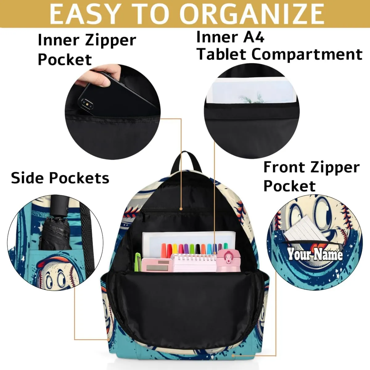 Personalized Cartoon Baseball Preschool Toddler Backpack for Boys Girls Custom Kids Name Small Bookbags Kindergarten Elementary Backpack, Baseball