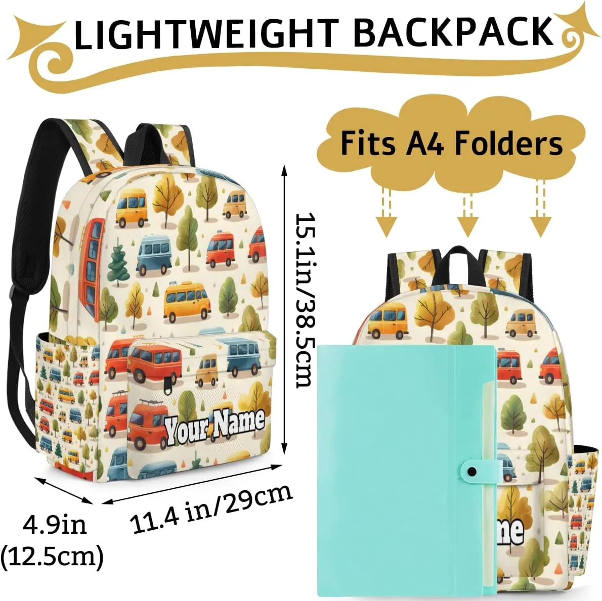 Personalized Cartoon Car Preschool Toddler Backpack for Boys Girls Custom Kids Name Small Bookbags Kindergarten Elementary Backpack, Cars Print