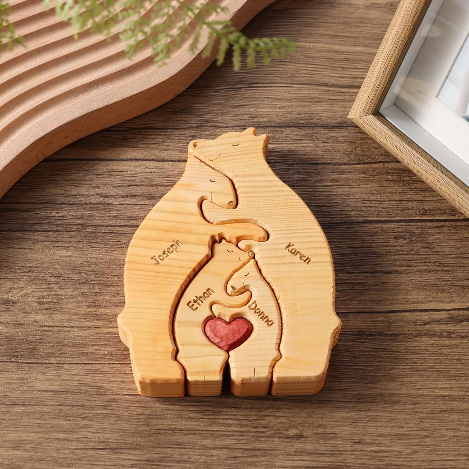 Personalized Christmas Wooden Bear Puzzle - Custom Sculpture with 2-6 Family Names Pieces Home Decor Gift for Mom Dad