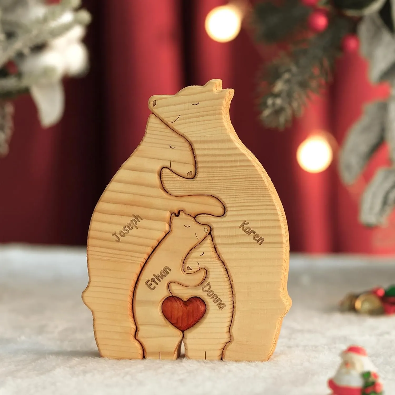 Personalized Christmas Wooden Bear Puzzle - Custom Sculpture with 2-6 Family Names Pieces Home Decor Gift for Mom Dad