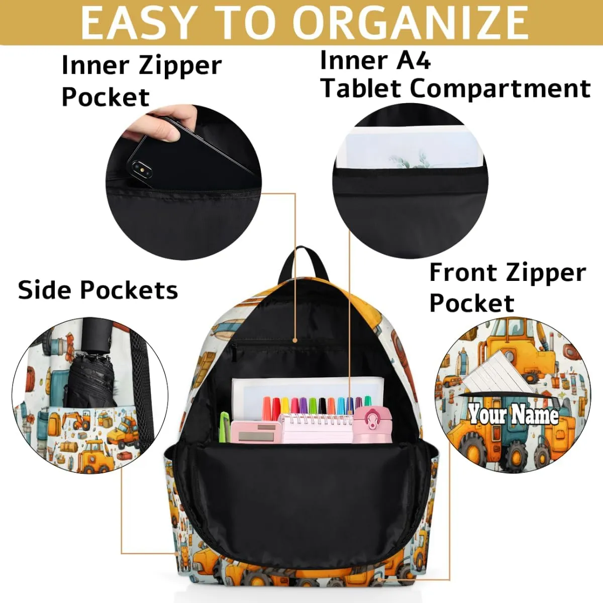 Personalized Construction Preschool Toddler Backpack for Boys Girls Custom Kids Name Small Bookbags Kindergarten Elementary Backpack, Cute Small Truck Car