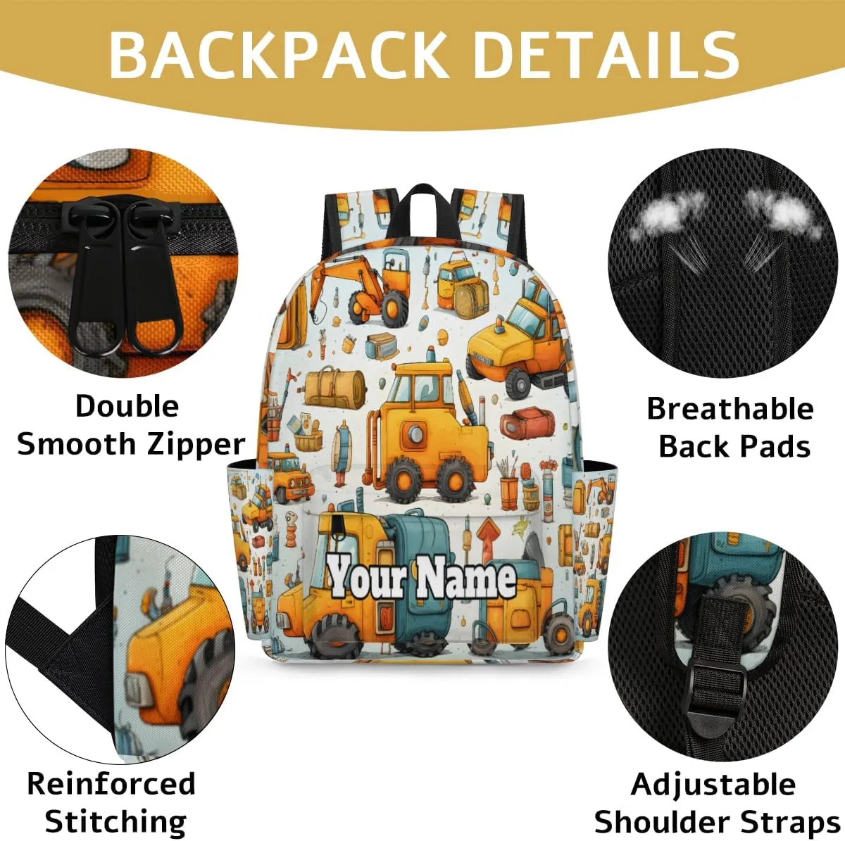 Personalized Construction Preschool Toddler Backpack for Boys Girls Custom Kids Name Small Bookbags Kindergarten Elementary Backpack, Cute Small Truck Car
