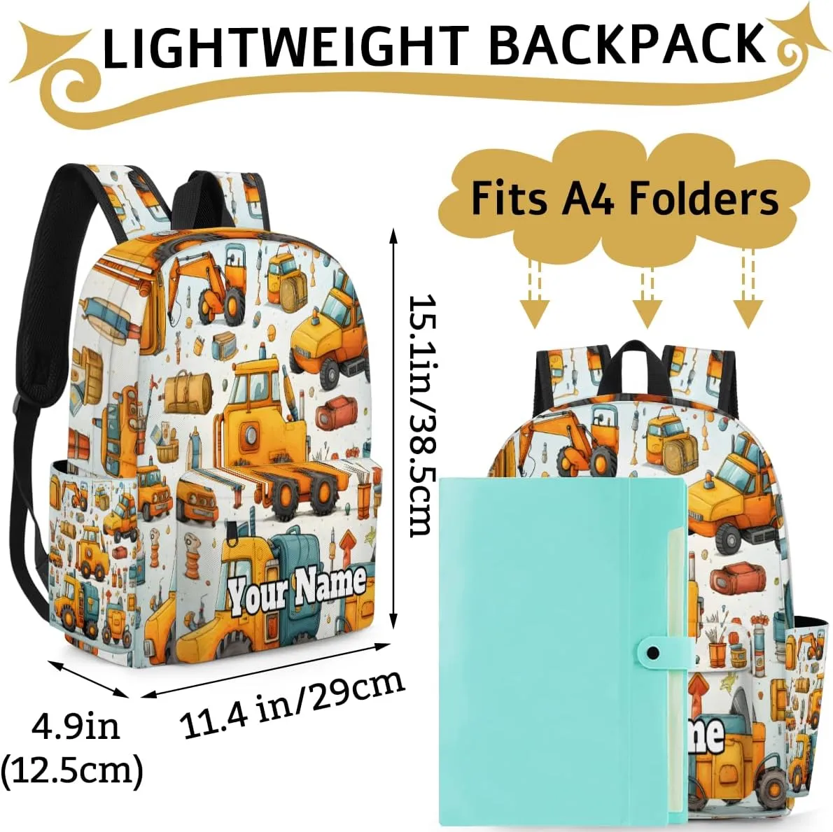 Personalized Construction Preschool Toddler Backpack for Boys Girls Custom Kids Name Small Bookbags Kindergarten Elementary Backpack, Cute Small Truck Car