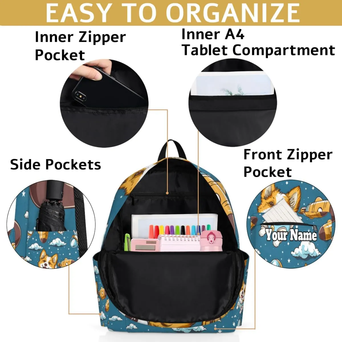 Personalized Corgi Dogs Preschool Toddler Backpack for Boys Girls Custom Kids Name Small Bookbags Kindergarten Elementary Backpack, Universe Space