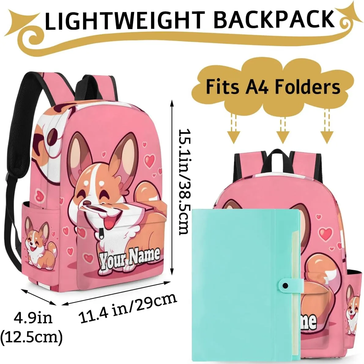 Personalized Corgi Preschool Toddler Backpack for Boys Girls Custom Kids Name Small Bookbags Kindergarten Elementary Backpack, Corgi Funny Dog Animal