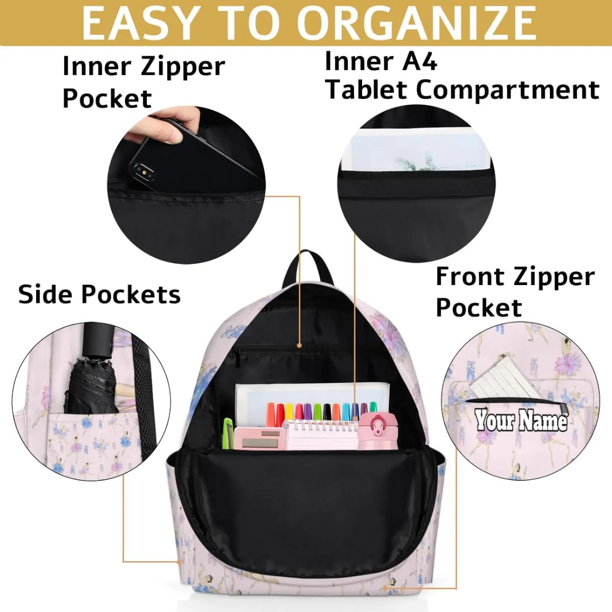 Personalized Cute Ballet Preschool Toddler Backpack for Boys Girls Custom Kids Name Small Bookbags Kindergarten Elementary Backpack, Ballerina