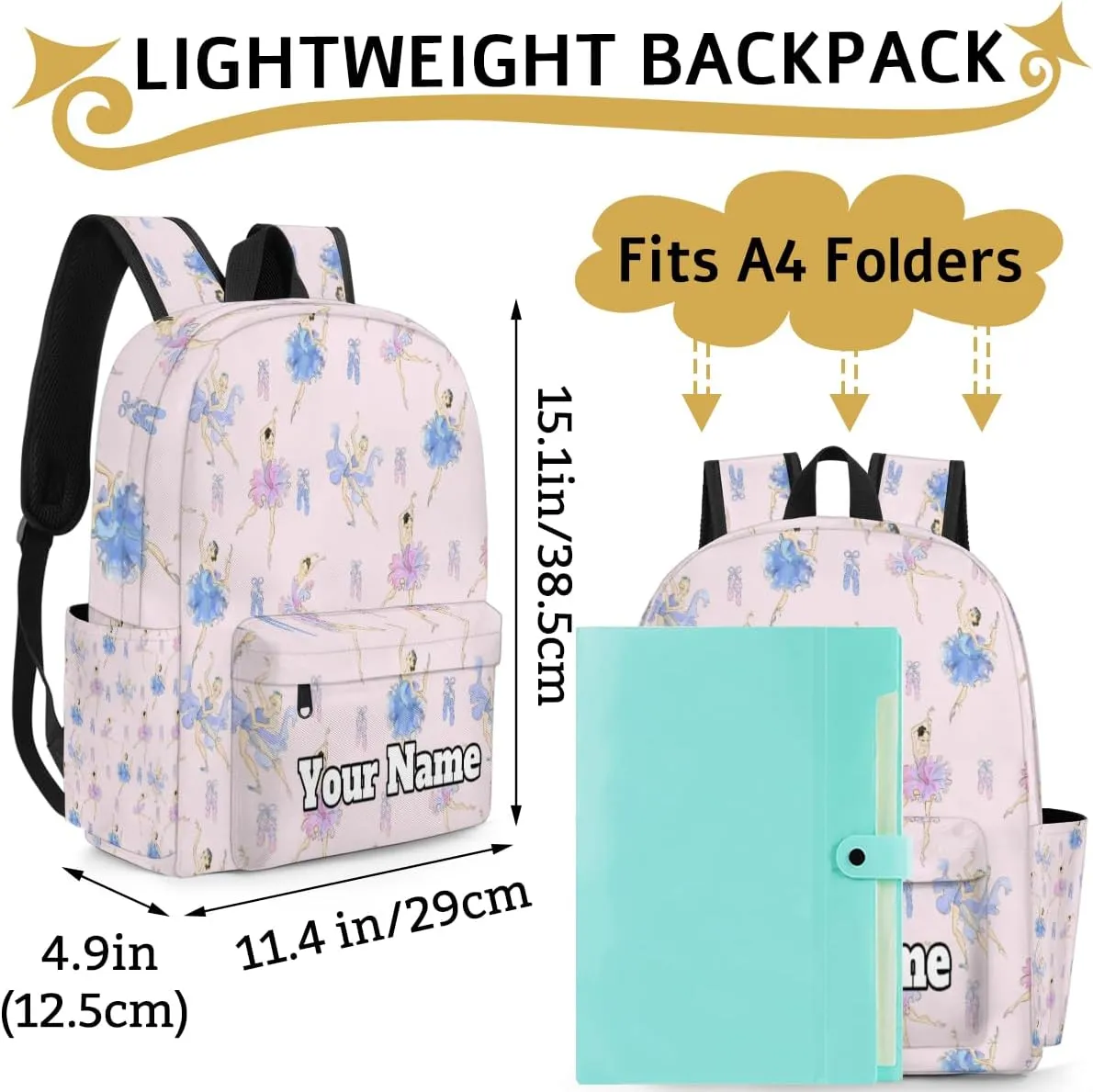 Personalized Cute Ballet Preschool Toddler Backpack for Boys Girls Custom Kids Name Small Bookbags Kindergarten Elementary Backpack, Ballerina