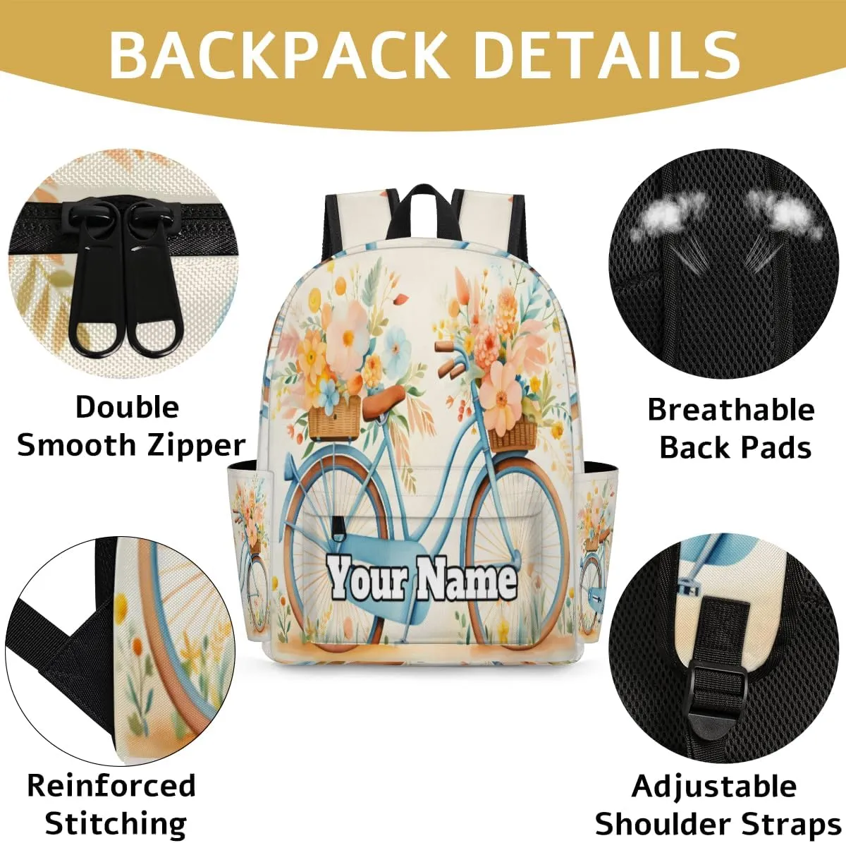 Personalized Cute Bicycle Preschool Toddler Backpack for Boys Girls Custom Kids Name Small Bookbags Kindergarten Elementary Backpack, Bicycle Floral
