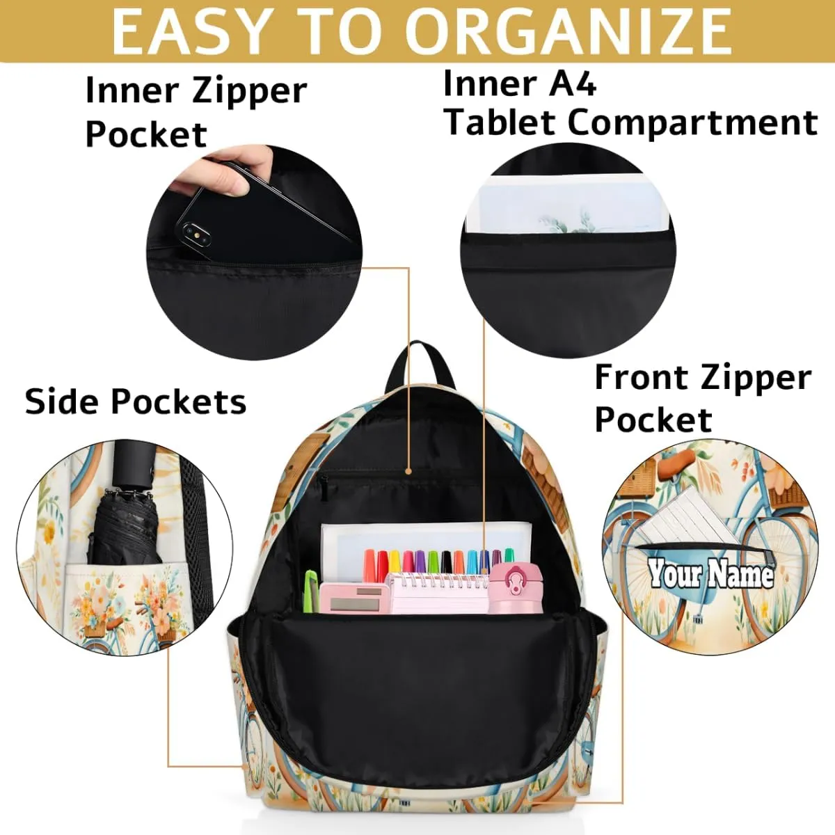 Personalized Cute Bicycle Preschool Toddler Backpack for Boys Girls Custom Kids Name Small Bookbags Kindergarten Elementary Backpack, Bicycle Floral