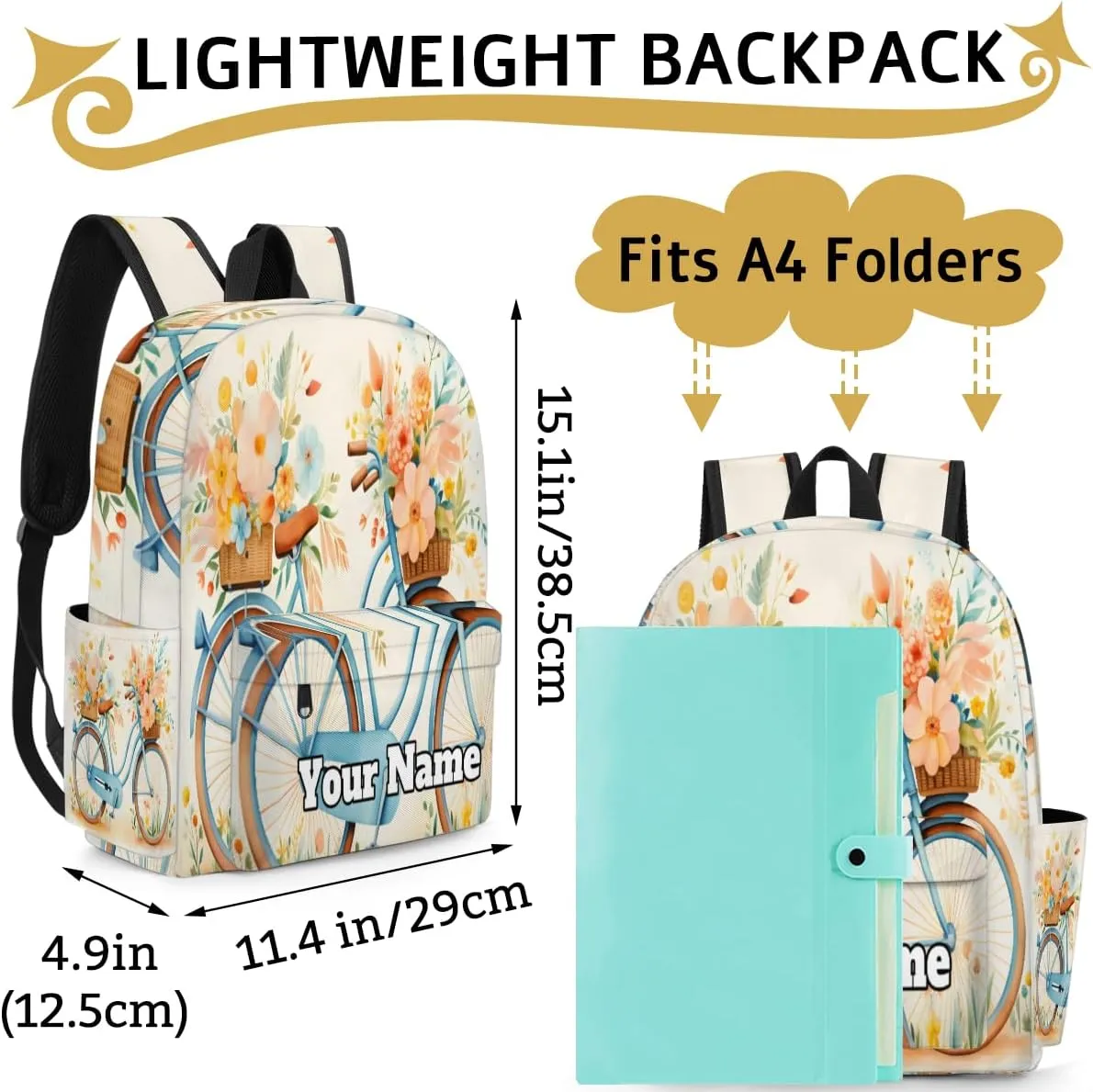 Personalized Cute Bicycle Preschool Toddler Backpack for Boys Girls Custom Kids Name Small Bookbags Kindergarten Elementary Backpack, Bicycle Floral