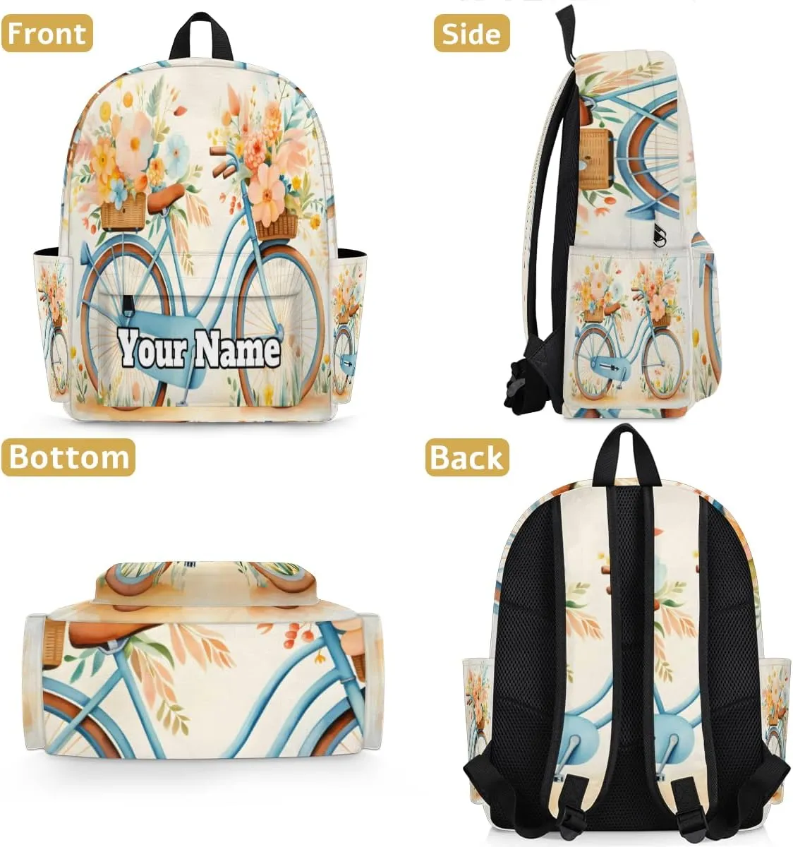 Personalized Cute Bicycle Preschool Toddler Backpack for Boys Girls Custom Kids Name Small Bookbags Kindergarten Elementary Backpack, Bicycle Floral