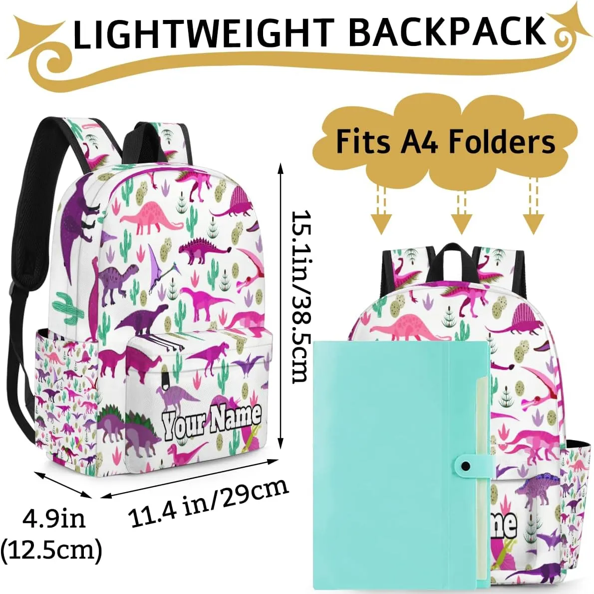 Personalized Cute Dinosaur Preschool Toddler Backpack for Boys Girls Custom Kids Name Small Bookbags Kindergarten Elementary Backpack, Dinosaur Cactus