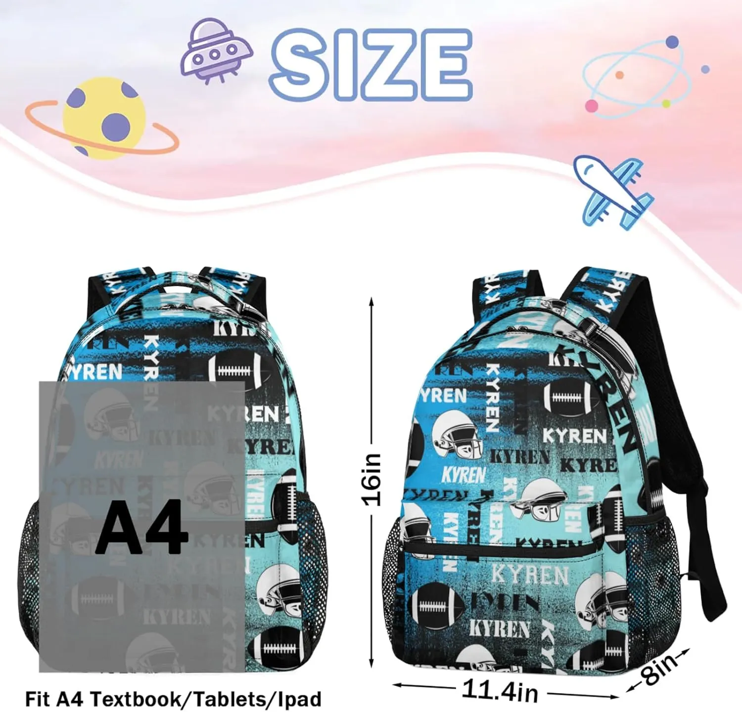Personalized Football Backpack for Men Women, Custom Name Sports Bag Backpack, Laptop Backpacks Daypack for Travel Camping, Blue