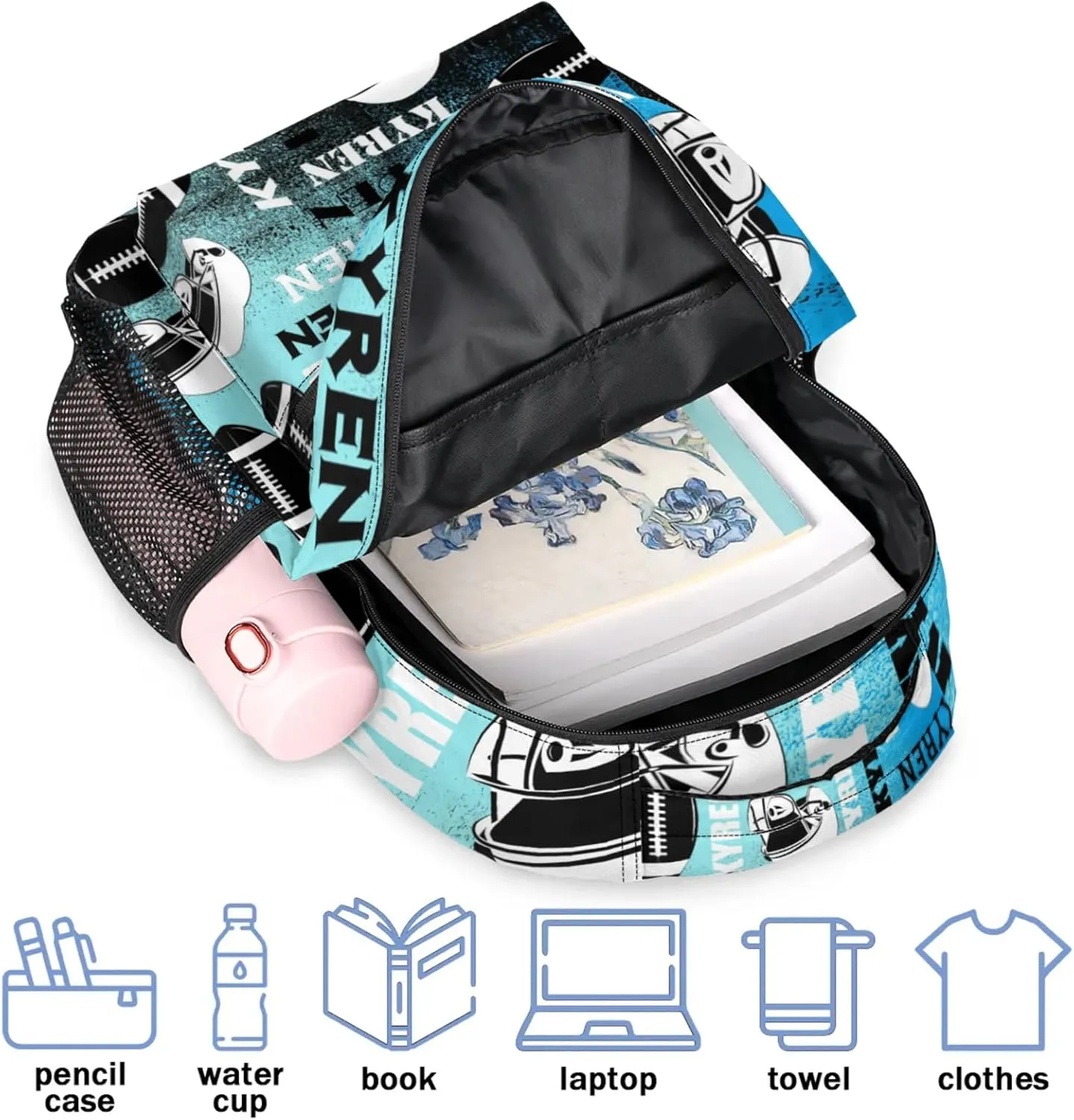 Personalized Football Backpack for Men Women, Custom Name Sports Bag Backpack, Laptop Backpacks Daypack for Travel Camping, Blue