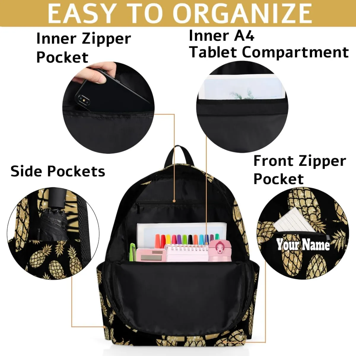 Personalized Gold Pineapple Preschool Toddler Backpack for Boys Girls Custom Kids Name Small Bookbags Kindergarten Elementary Backpack, Pineapple