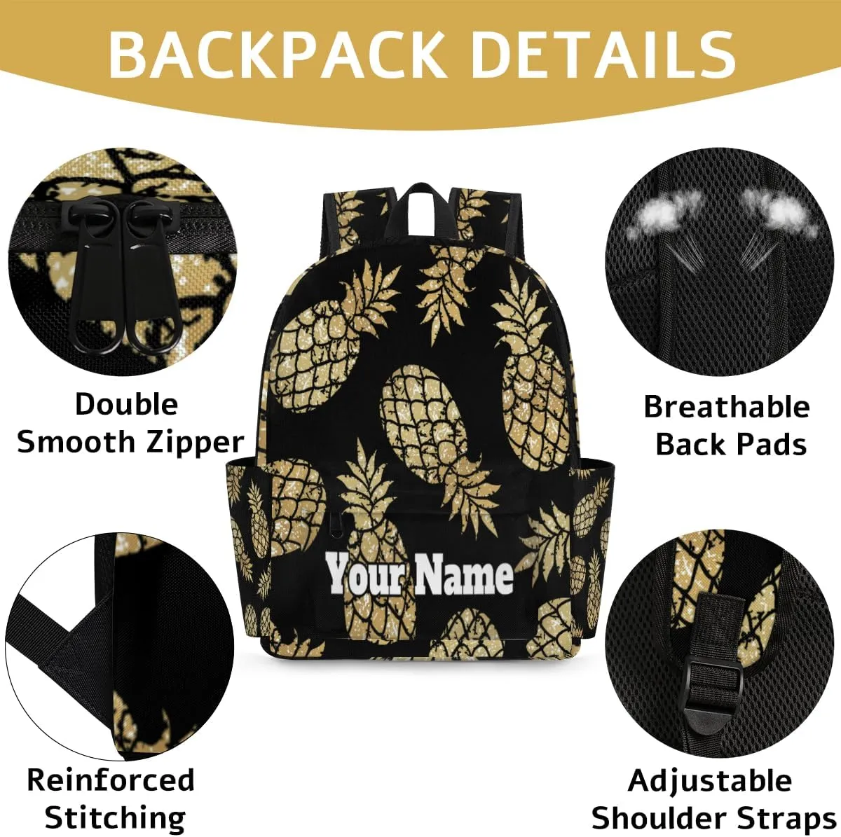 Personalized Gold Pineapple Preschool Toddler Backpack for Boys Girls Custom Kids Name Small Bookbags Kindergarten Elementary Backpack, Pineapple