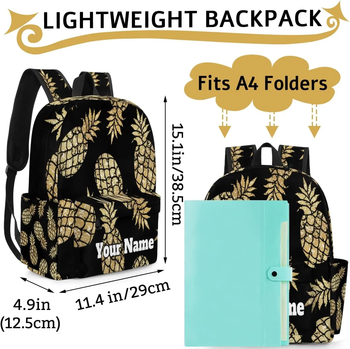 Personalized Gold Pineapple Preschool Toddler Backpack for Boys Girls Custom Kids Name Small Bookbags Kindergarten Elementary Backpack, Pineapple