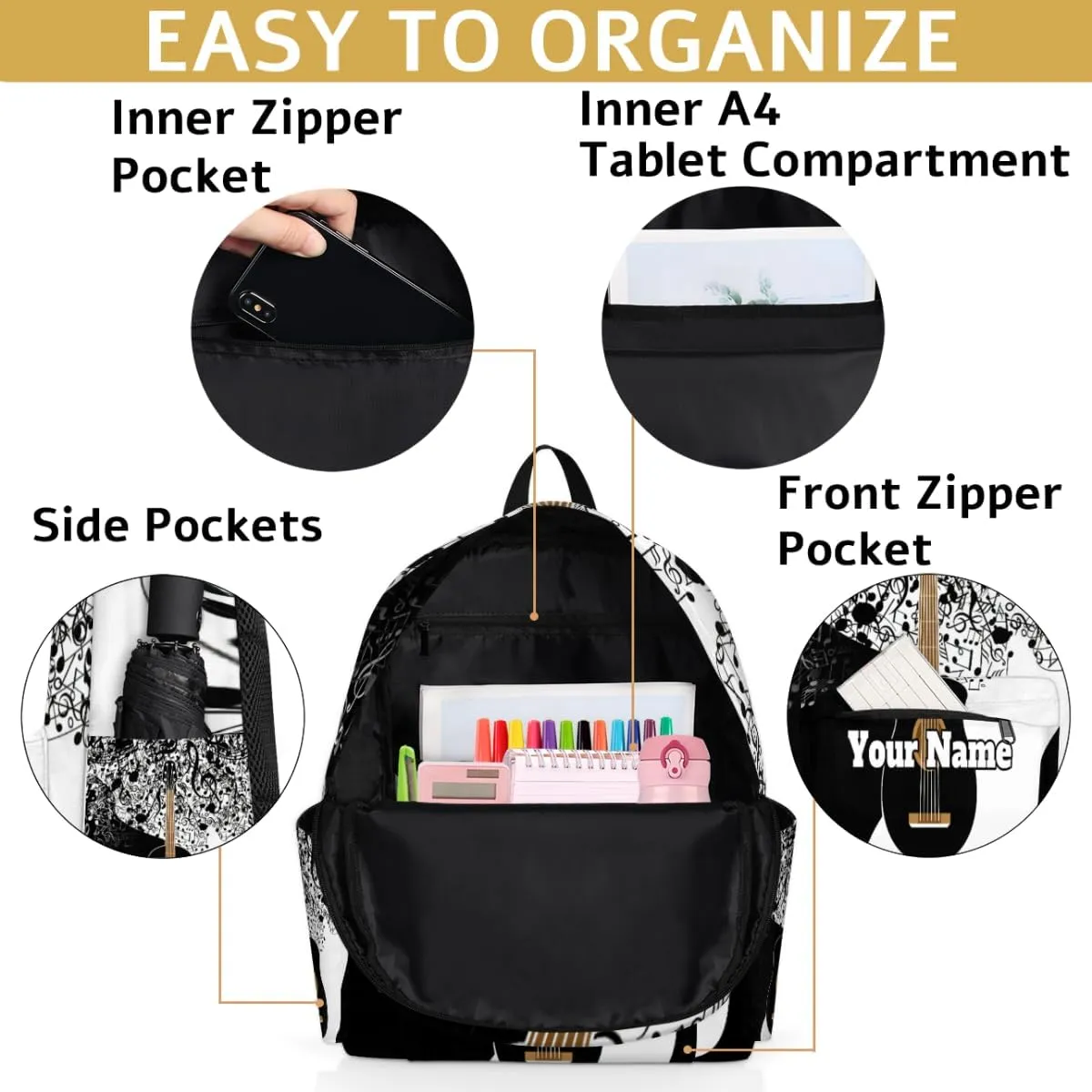Personalized Guitar Preschool Toddler Backpack for Boys Girls Custom Kids Name Small Bookbags Kindergarten Elementary Backpack, Music Note