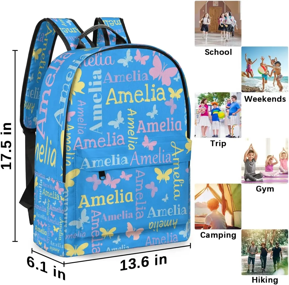 Personalized Kids Backpack School Bags for Girls, Custom Students Backpack Shoulder Bag Laptop Backpack Bookbag Gift for College School Travel Sport Butterfly Blue
