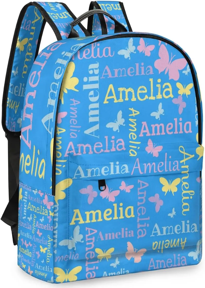 Personalized Kids Backpack School Bags for Girls, Custom Students Backpack Shoulder Bag Laptop Backpack Bookbag Gift for College School Travel Sport Butterfly Blue