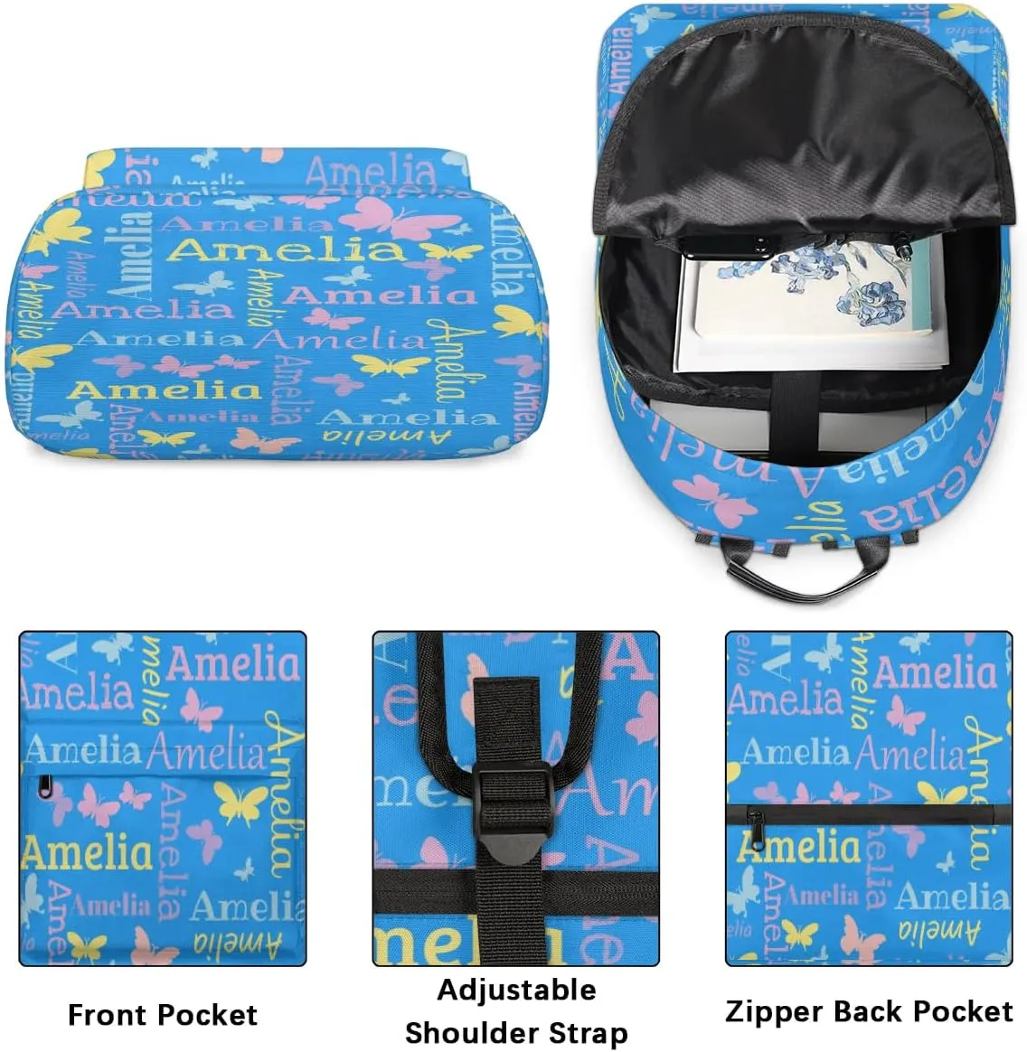 Personalized Kids Backpack School Bags for Girls, Custom Students Backpack Shoulder Bag Laptop Backpack Bookbag Gift for College School Travel Sport Butterfly Blue