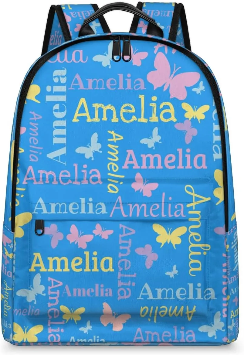 Personalized Kids Backpack School Bags for Girls, Custom Students Backpack Shoulder Bag Laptop Backpack Bookbag Gift for College School Travel Sport Butterfly Blue