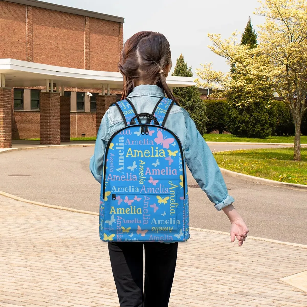 Personalized Kids Backpack School Bags for Girls, Custom Students Backpack Shoulder Bag Laptop Backpack Bookbag Gift for College School Travel Sport Butterfly Blue