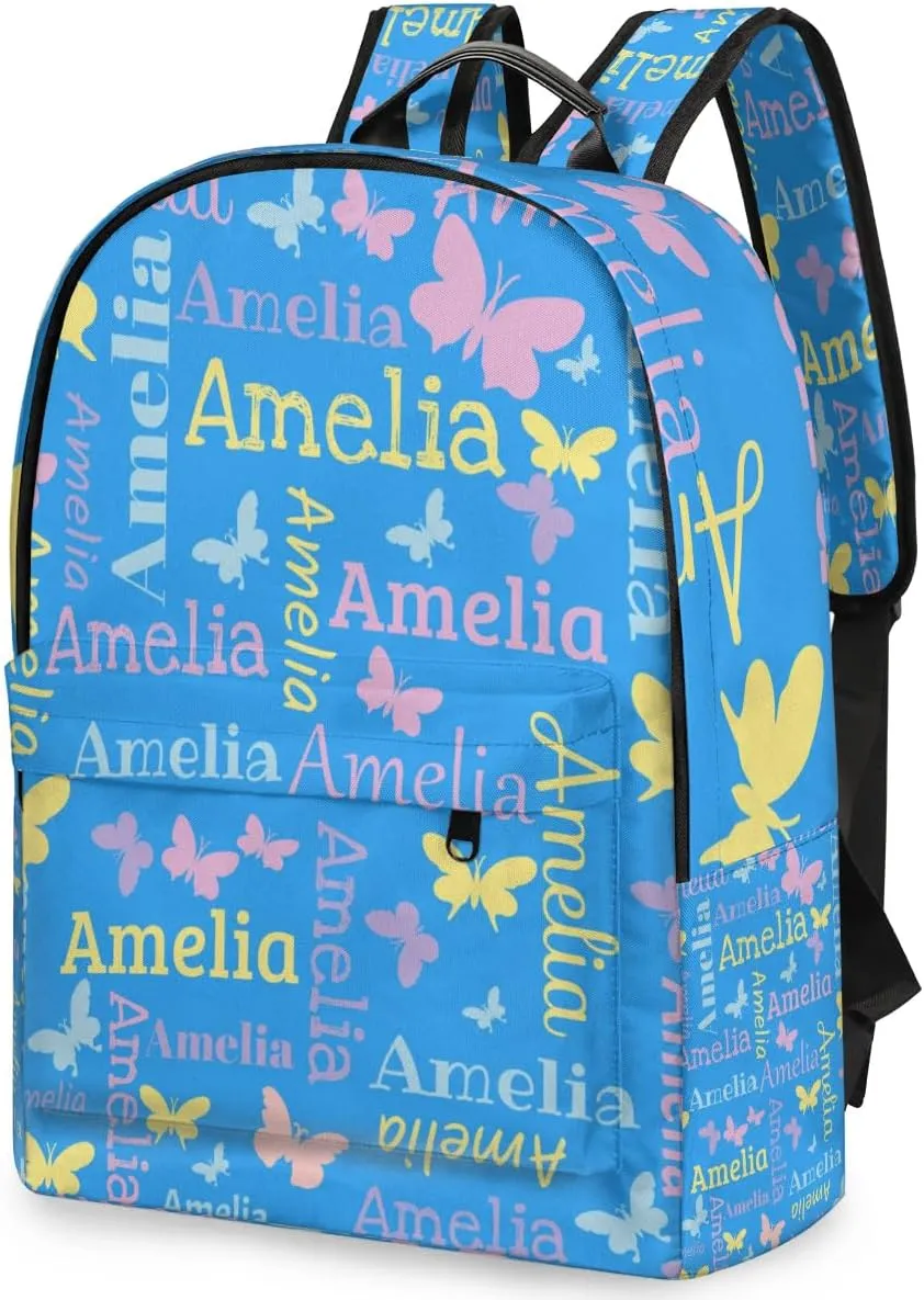 Personalized Kids Backpack School Bags for Girls, Custom Students Backpack Shoulder Bag Laptop Backpack Bookbag Gift for College School Travel Sport Butterfly Blue