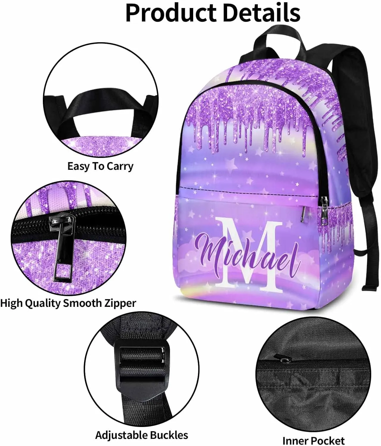 Personalized Kids Backpacks Custom Bookbag Lunch Bag for Girls Boys Toddler Purple School Daypack with Name Back to School Elementary Travel Bag