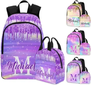 Personalized Kids Backpacks Custom Bookbag Lunch Bag for Girls Boys Toddler Purple School Daypack with Name Back to School Elementary Travel Bag