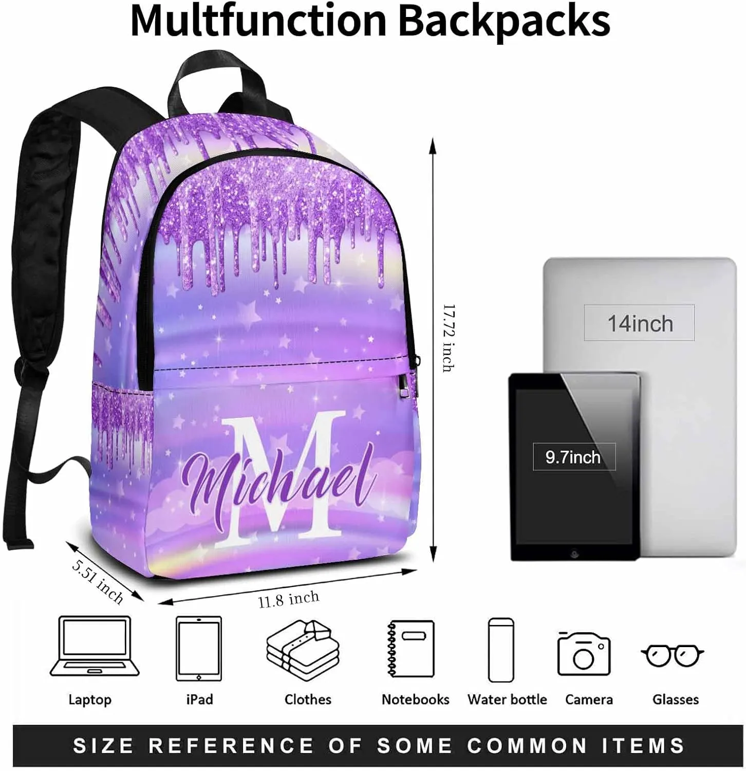 Personalized Kids Backpacks Custom Bookbag Lunch Bag for Girls Boys Toddler Purple School Daypack with Name Back to School Elementary Travel Bag