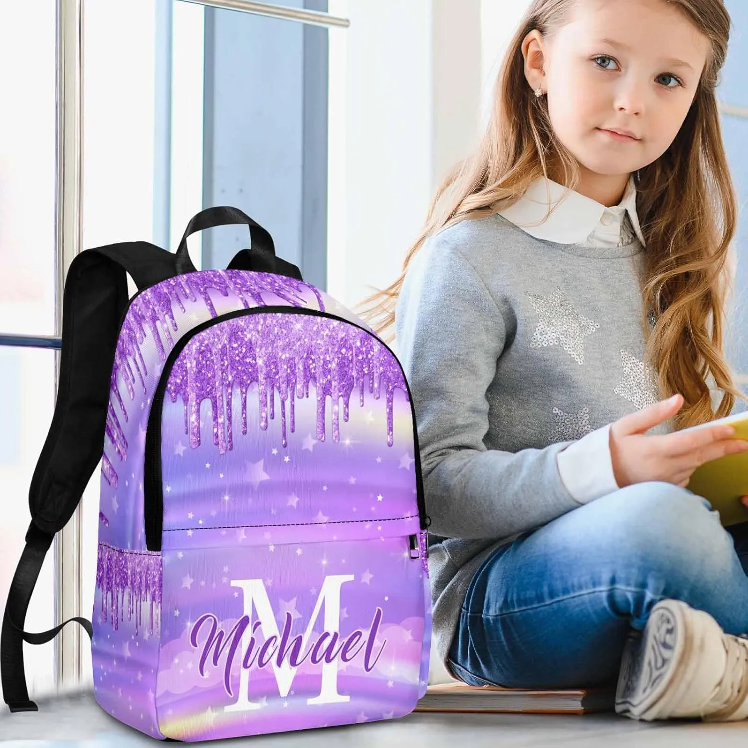 Personalized Kids Backpacks Custom Bookbag Lunch Bag for Girls Boys Toddler Purple School Daypack with Name Back to School Elementary Travel Bag