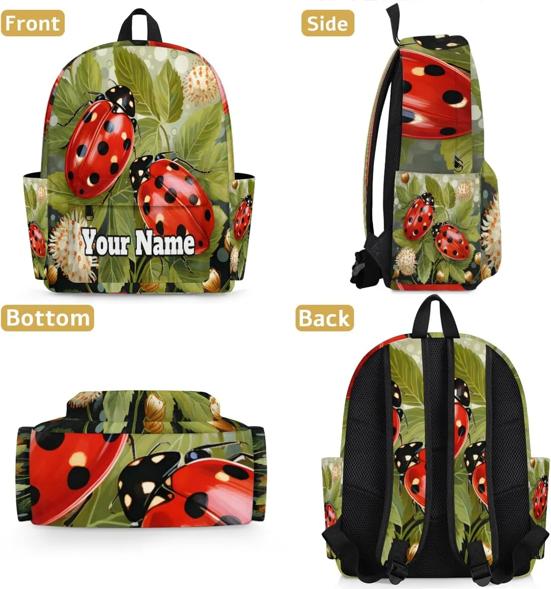 Personalized Ladybirds Preschool Toddler Backpack for Boys Girls Custom Kids Name Small Bookbags Kindergarten Elementary Backpack, Ladybirds Flowers